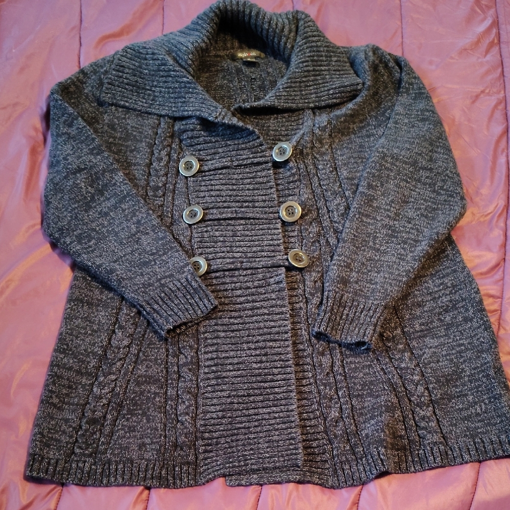 Gray Double-Breasted Knit Cardigan
